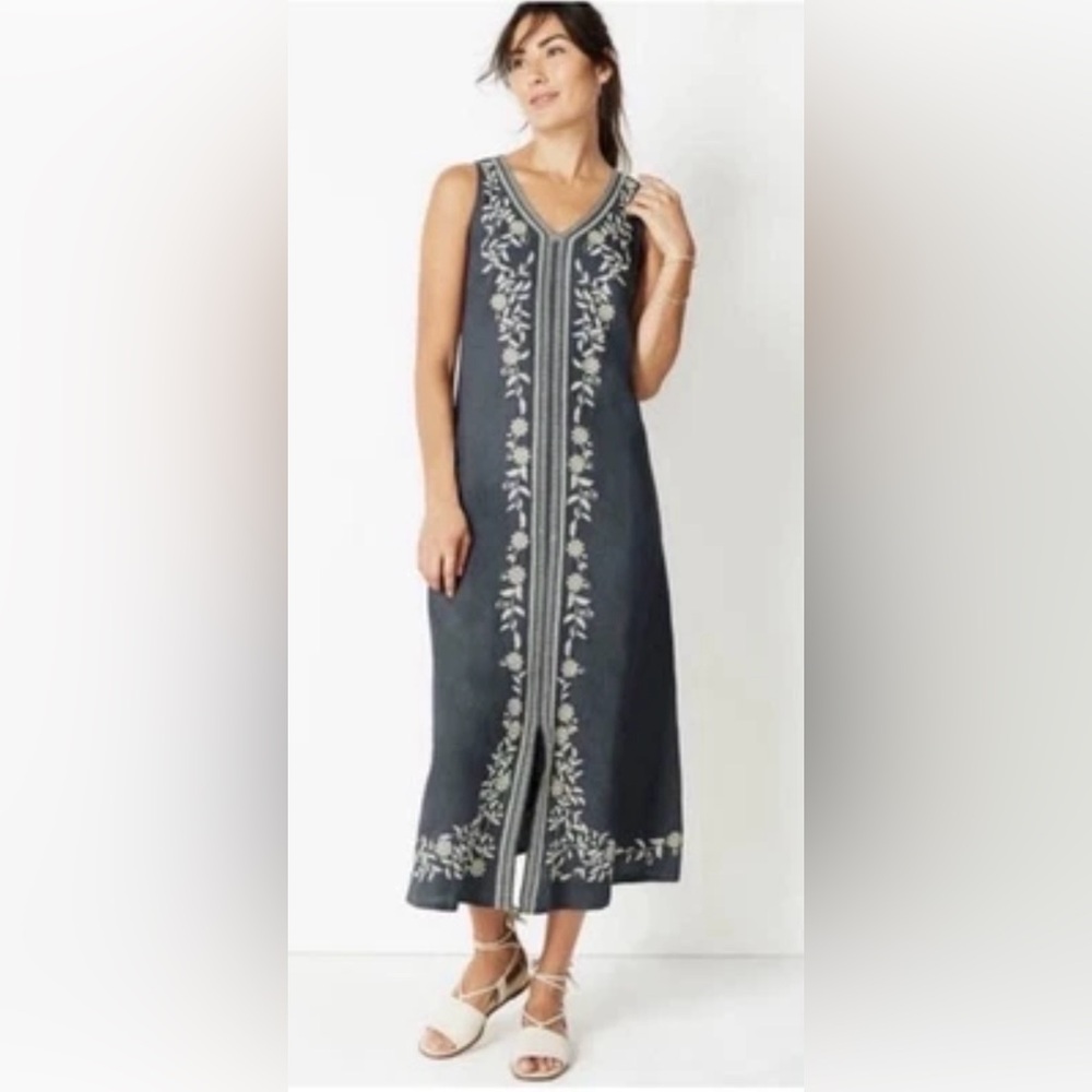 Pure Jill Women’s Linen Denim Embroidered Maxi Dress- M- Pearl Black/ Charcoal